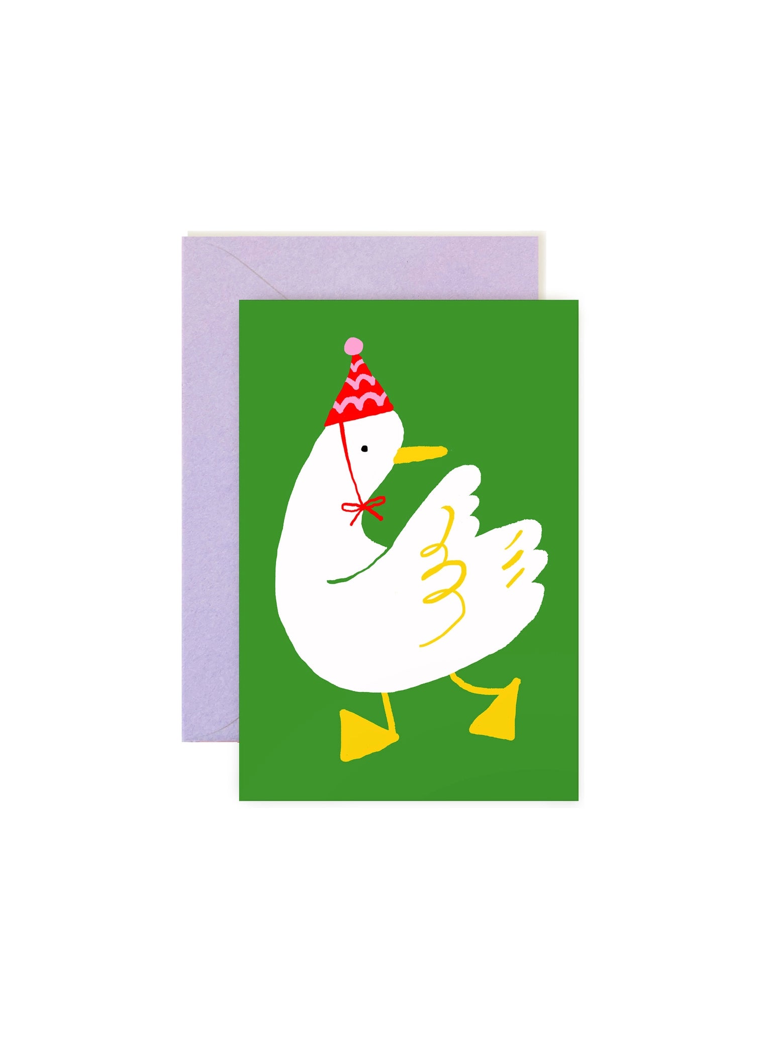 Greeting card with a cartoon duck wearing a red hat on a green background