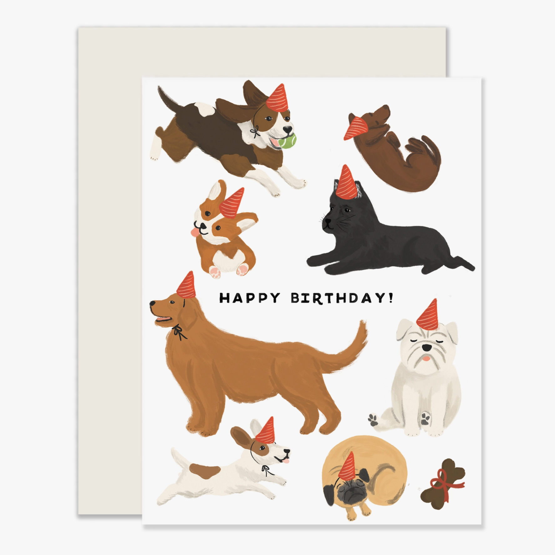 Greeting card with a colorful illustration of various dogs wearing birthday hats and the text 'HAPPY BIRTHDAY!'