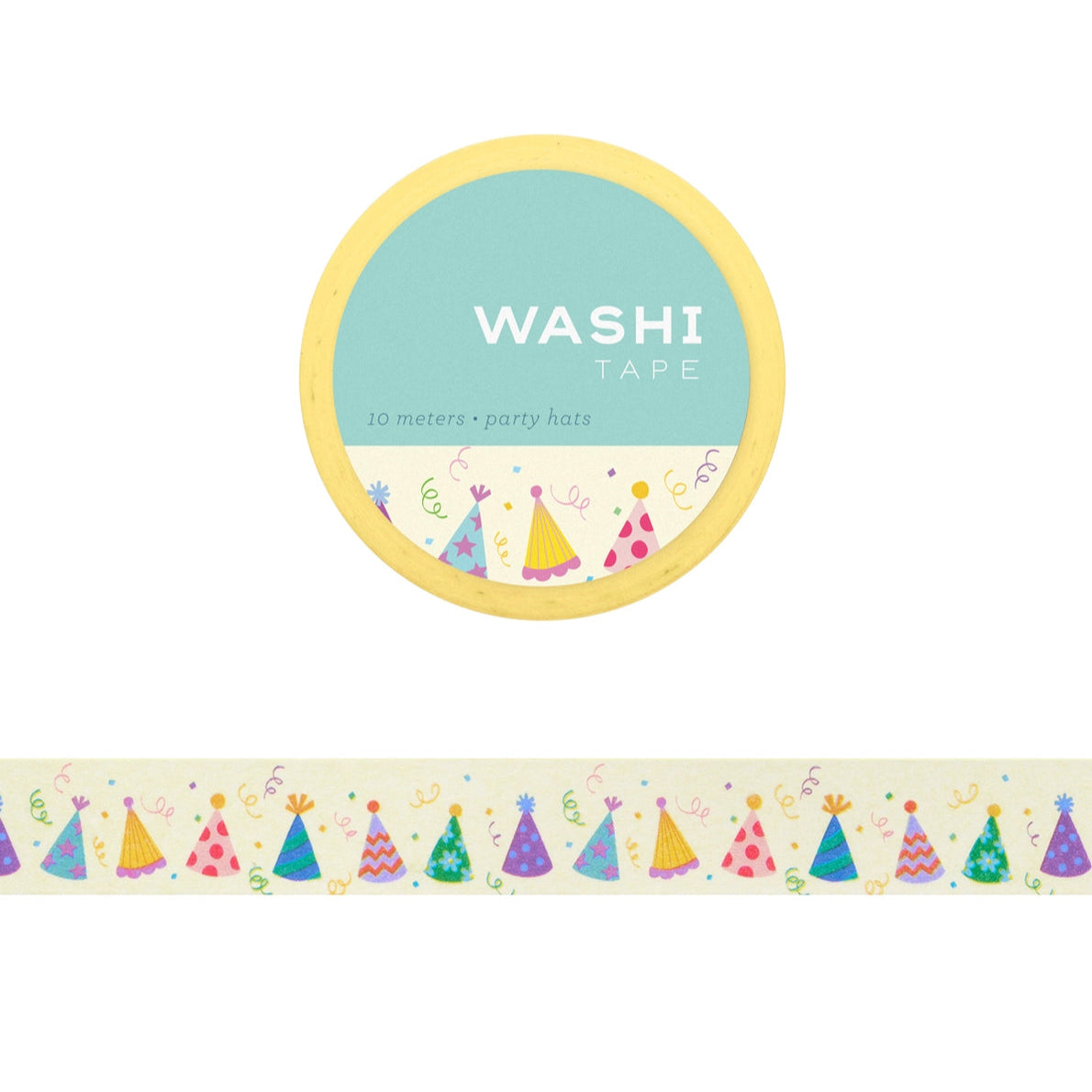 A roll of washi tape with party hat designs in multiple colors on a white background.