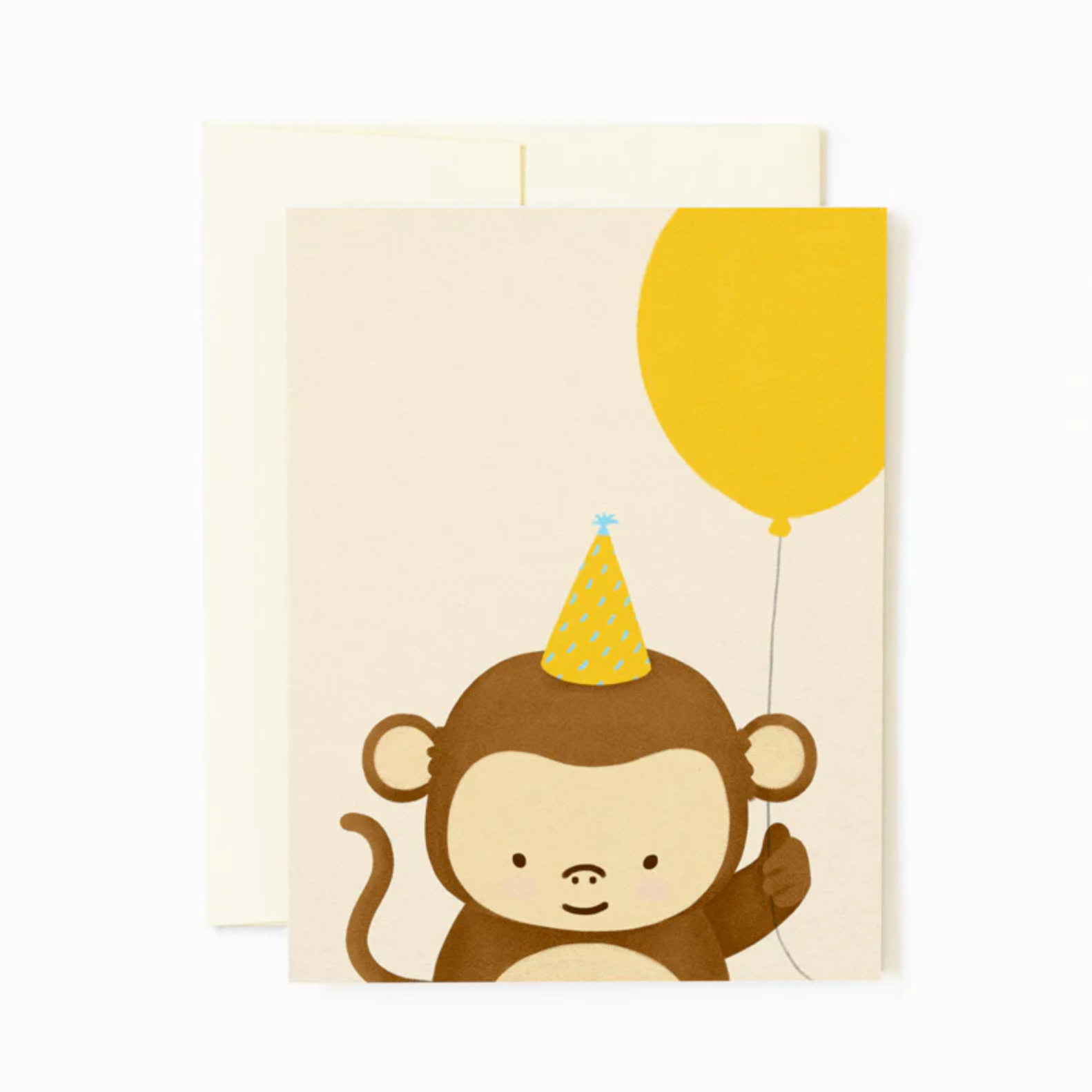 A greeting card featuring an illustration of a monkey with a party hat and a balloon.