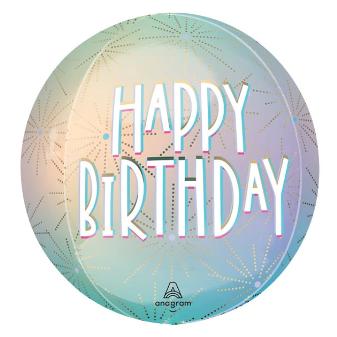 Pastel ombre sphere balloon with happy birthday text in white