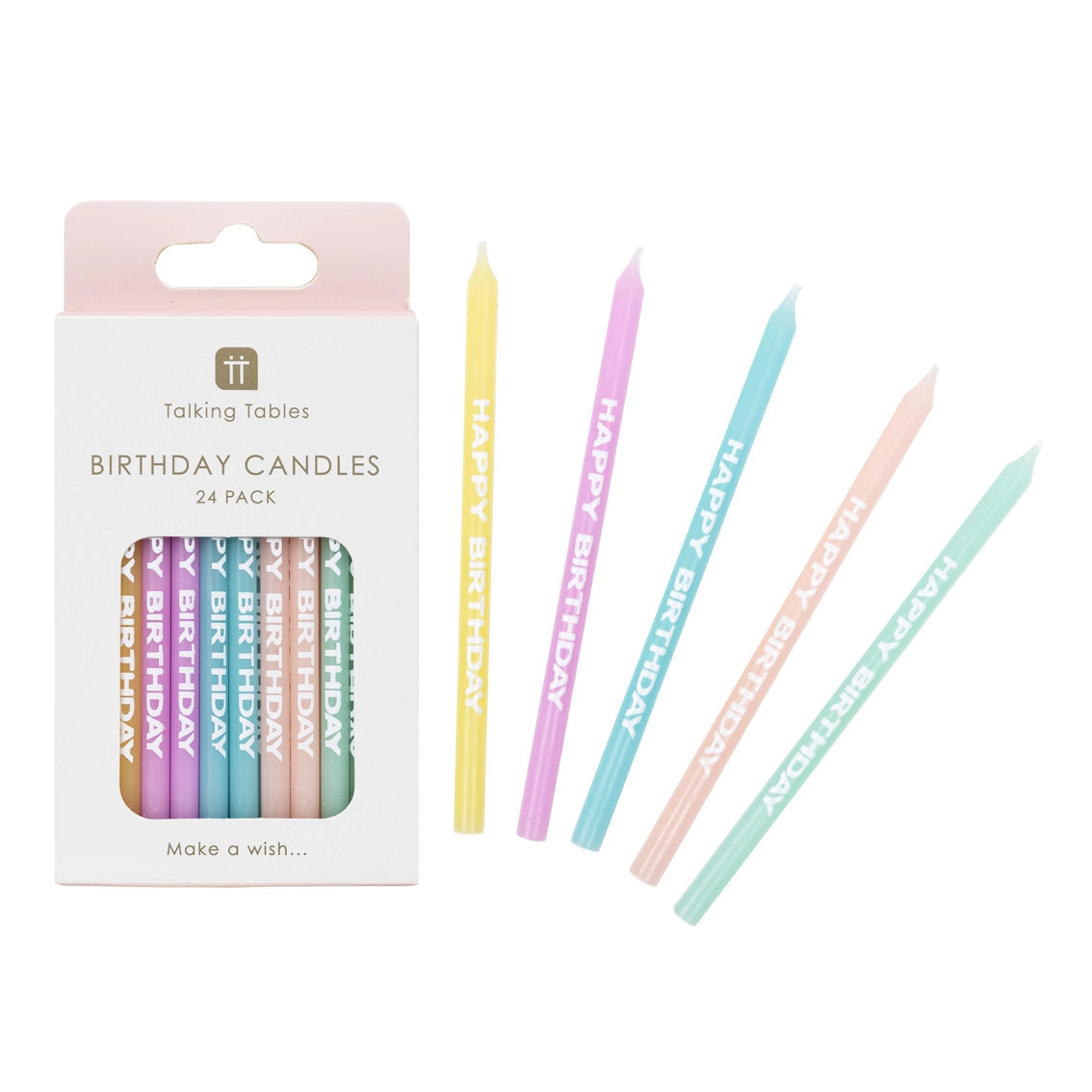 Pastel-colored birthday candles with printed text 'Happy Birthday' on a white background