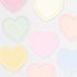 A collection of small, heart-shaped napkins in various pastel colors including pink, pale pink, dark pink, ivory, yellow, peach, mint, and blue, with a scallop border detail.