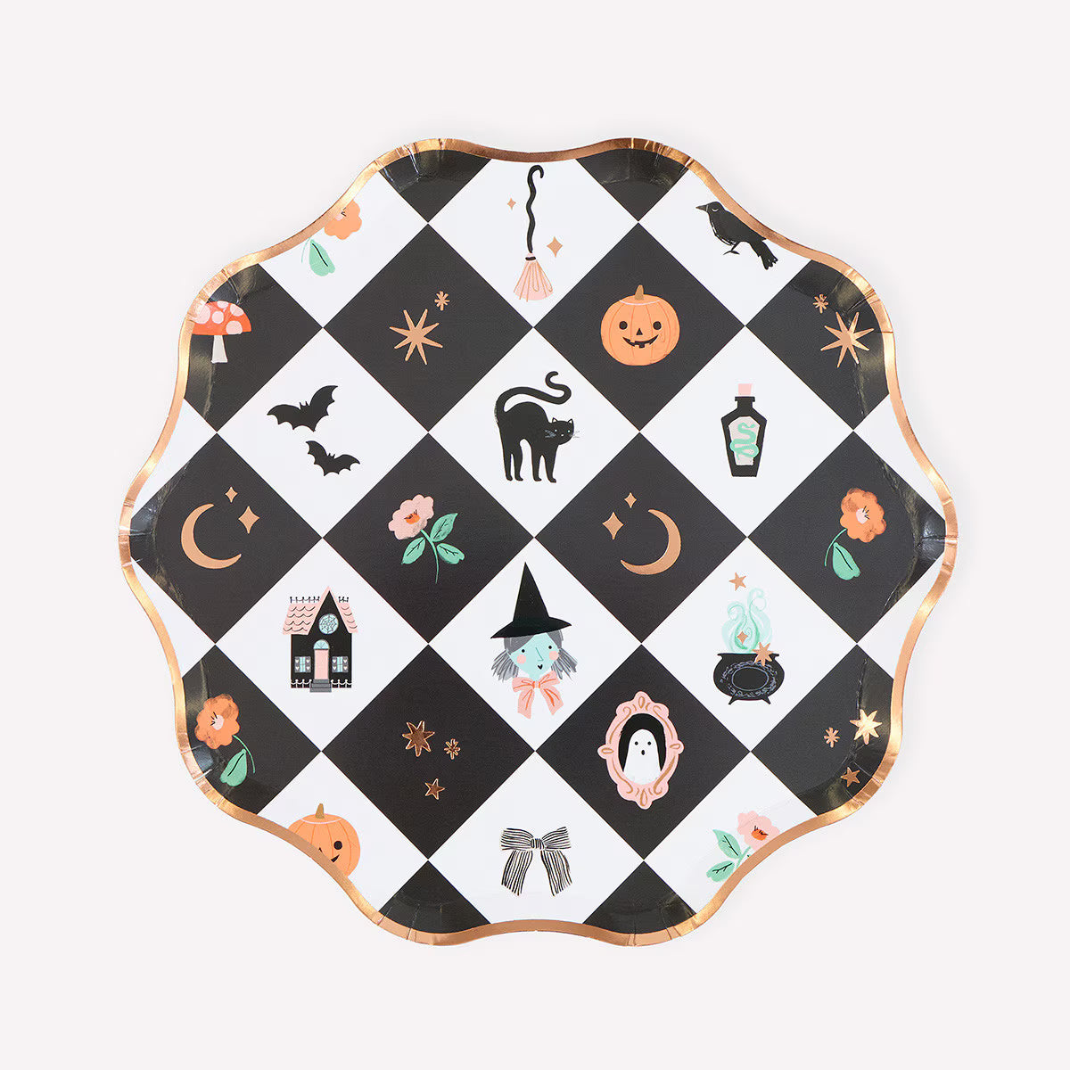 A scalloped paper plate with a black and white checkered pattern decorated with various cute Halloween illustrations, including a witch, pumpkin, bat, and ghost, finished with a metallic copper rim.