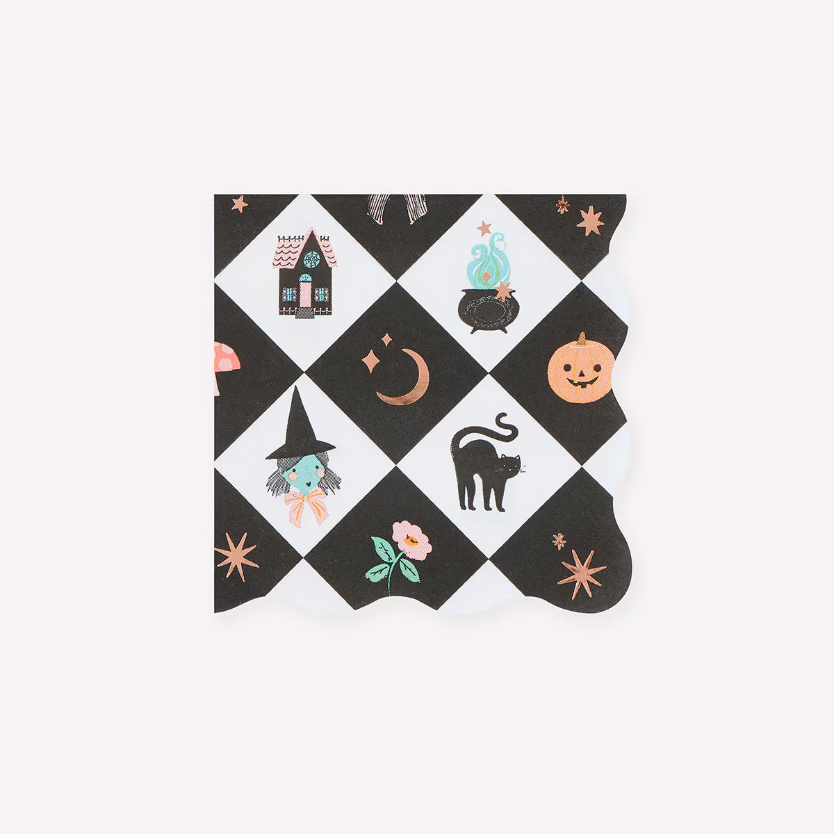 Halloween-themed napkin with checkered pattern with halloween icons, on white background