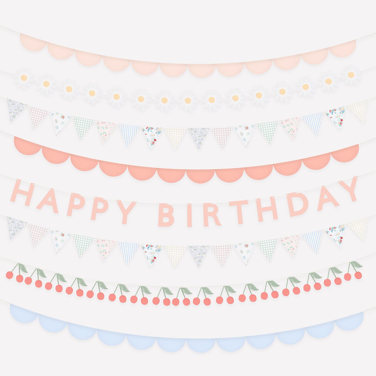 Decorative birthday banners with 'Happy Birthday' text, flags, cherries, daisies, on a white background