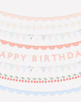 Decorative birthday banners with 'Happy Birthday' text, flags, cherries, daisies, on a white background