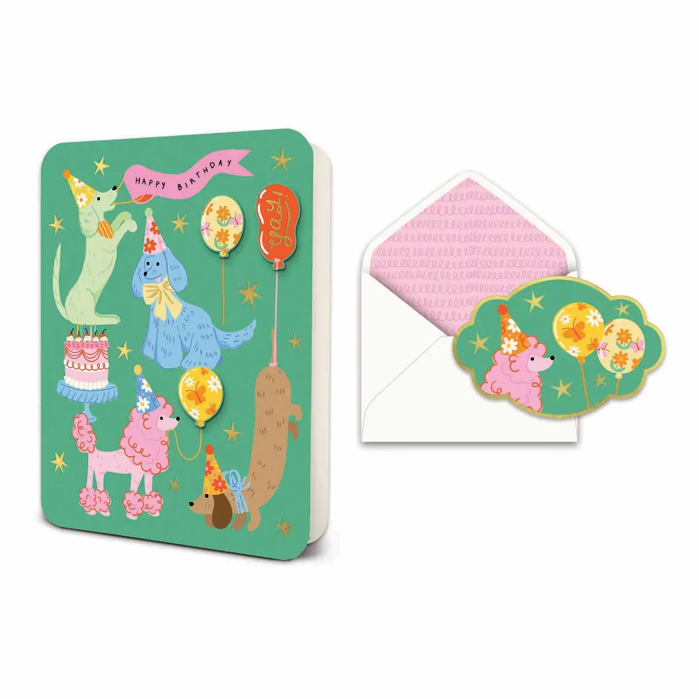 Birthday card with colorful illustrations of dogs and balloons, featuring a matching envelope and sticker on a white background.