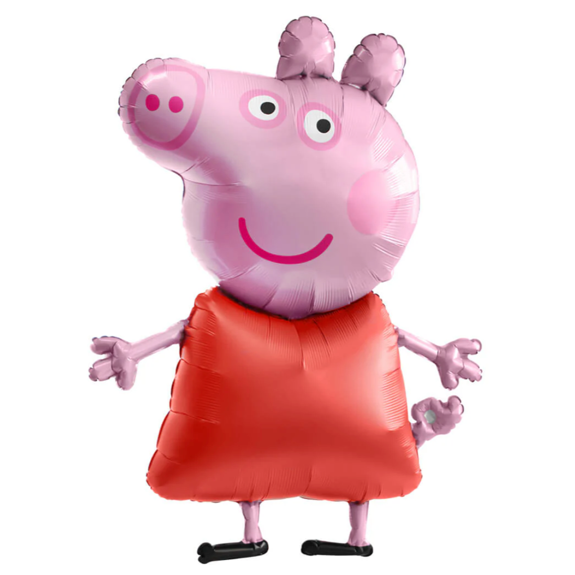 A Peppa Pig shaped balloon in pink with a red outfit.
