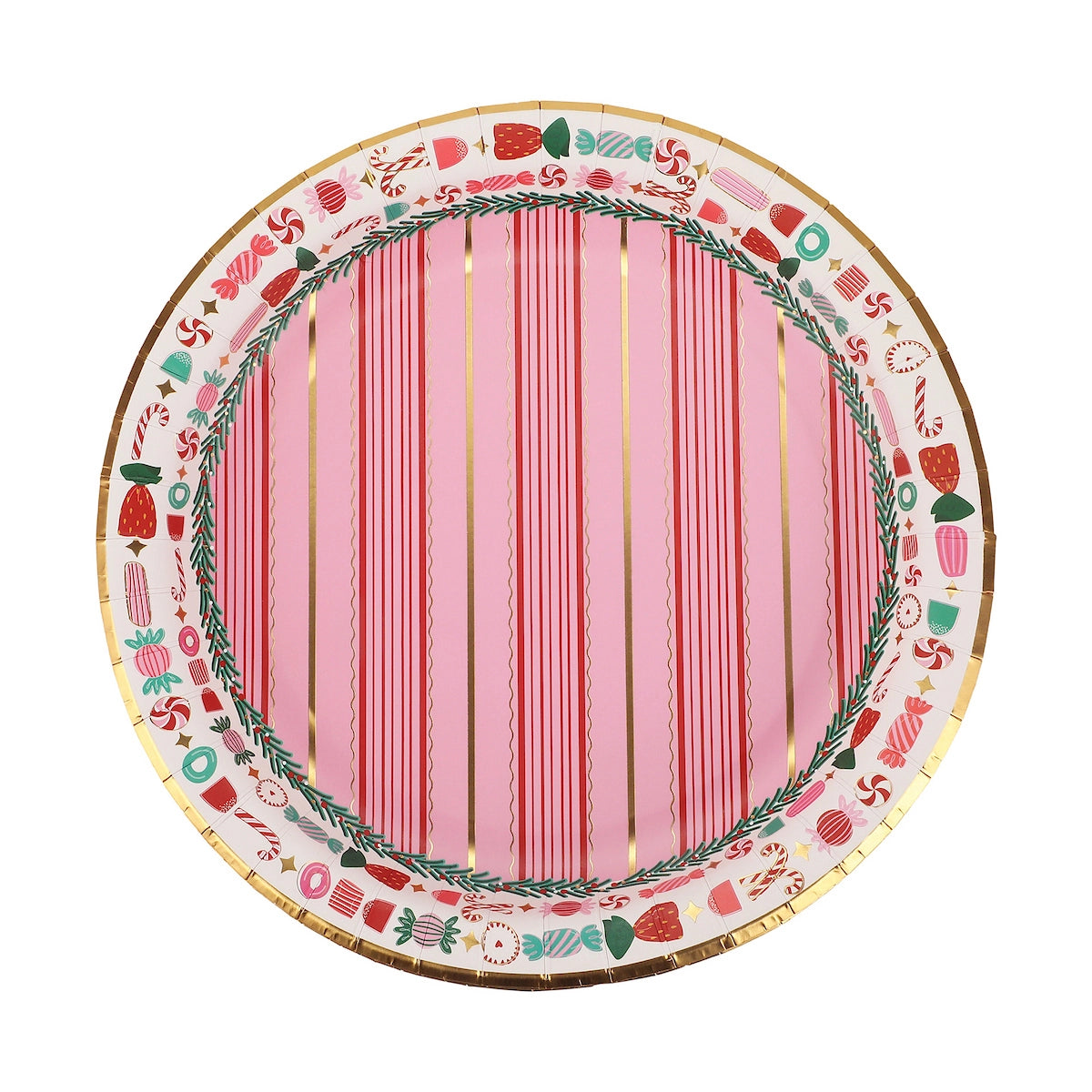 Decorative paper plate with pink center and candy-themed border on a white background