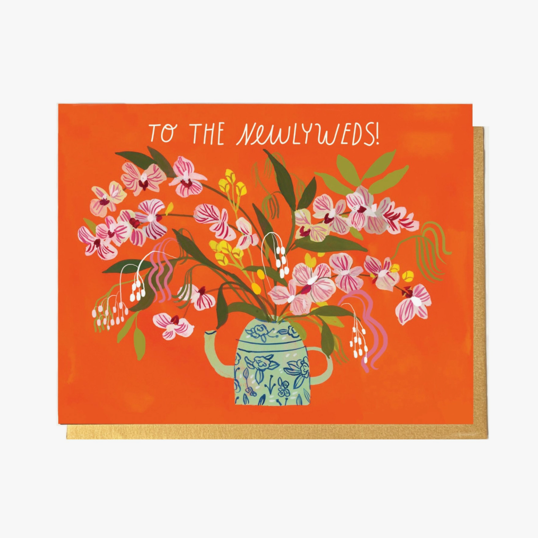 A colorful card with a floral design and the text 'To The Newlyweds!' in a pot with various flowers, placed on an orange background.