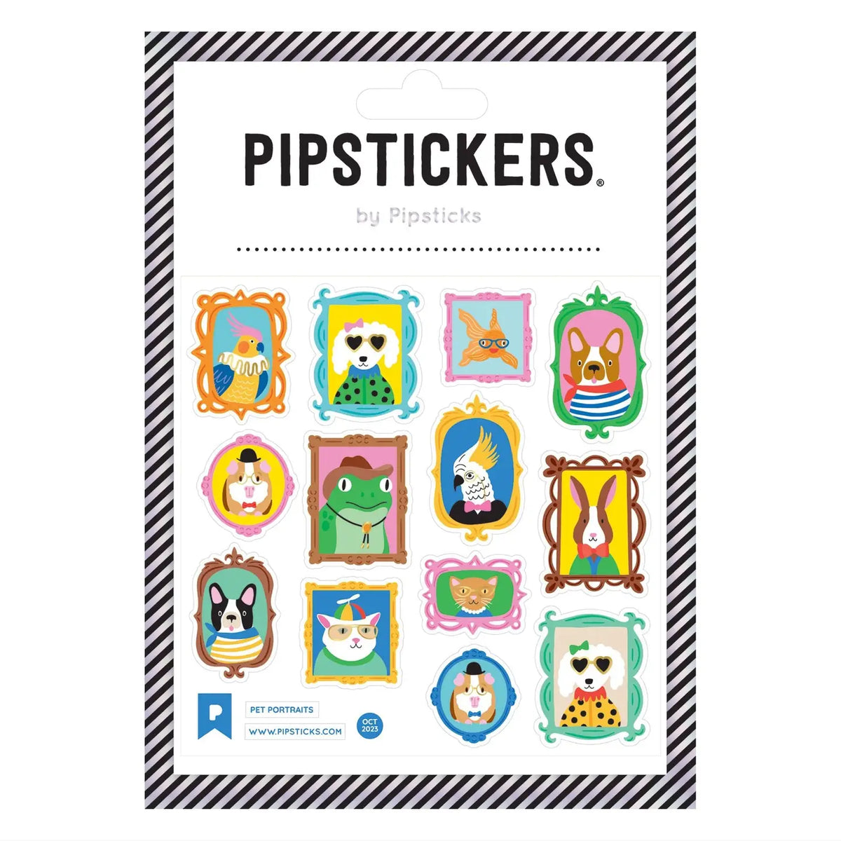 Packaging of Pipstickers with colorful animal illustrations on a white background