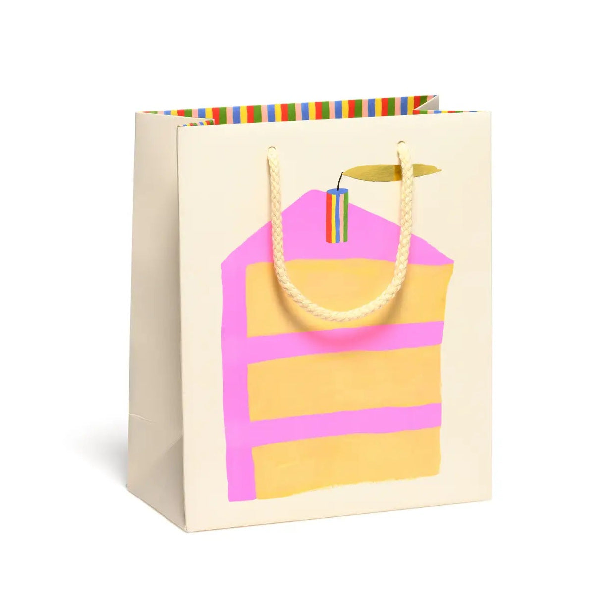 tan gift bag with pink cake slice and candle drawing