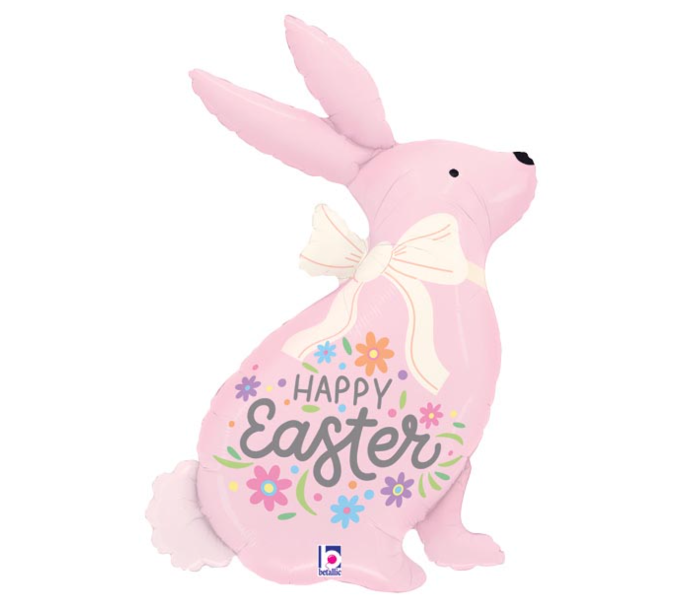 Pink Easter bunny balloon with 'Happy Easter' text and flowers on a white background