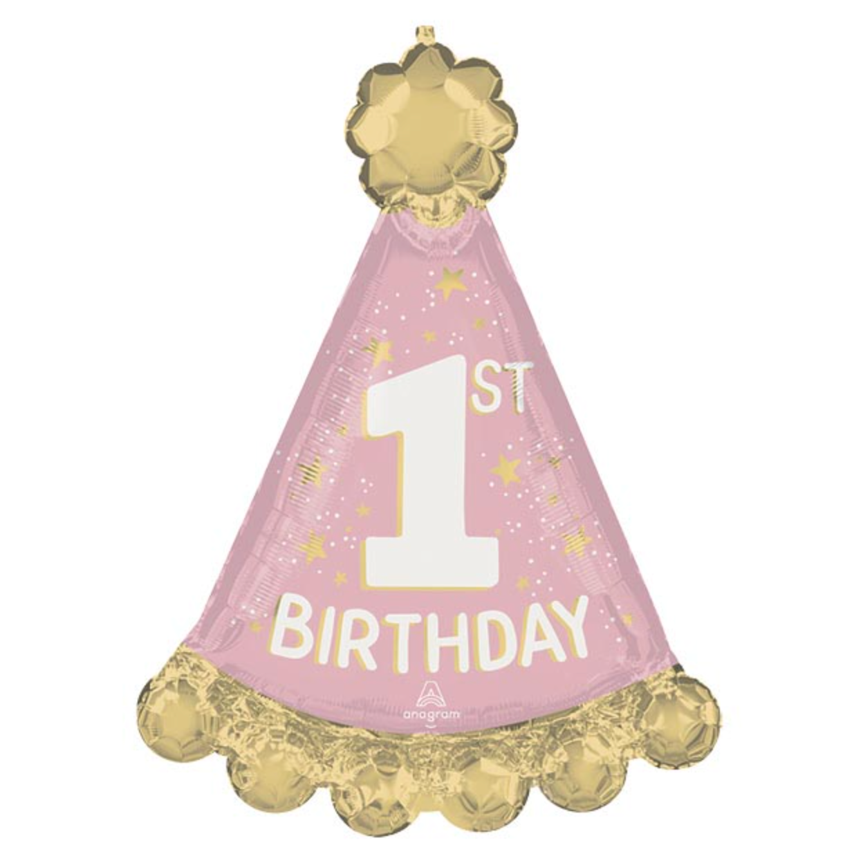 Pink and gold '1st Birthday' party hat balloon on a white background
