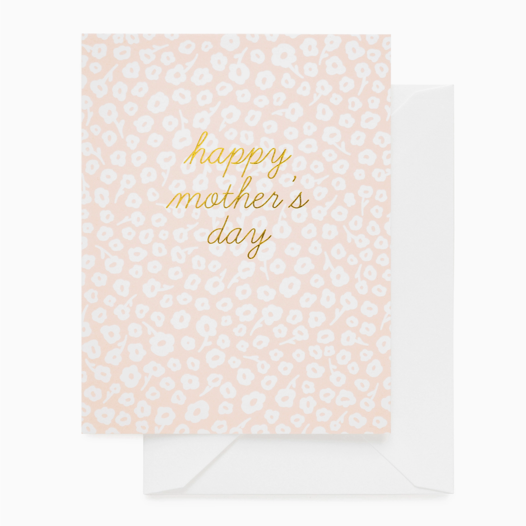 A folded pink card with a floral pattern and 'Happy Mother's Day' text in gold foil.