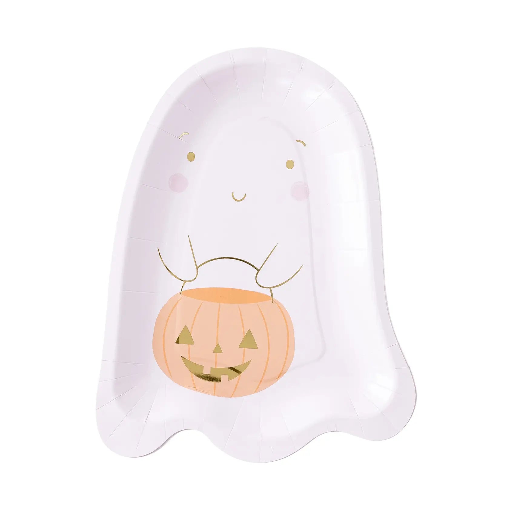 A pink ghost-shaped paper party plate featuring a cute gold cartoon face and an orange jack-o'-lantern bucket 