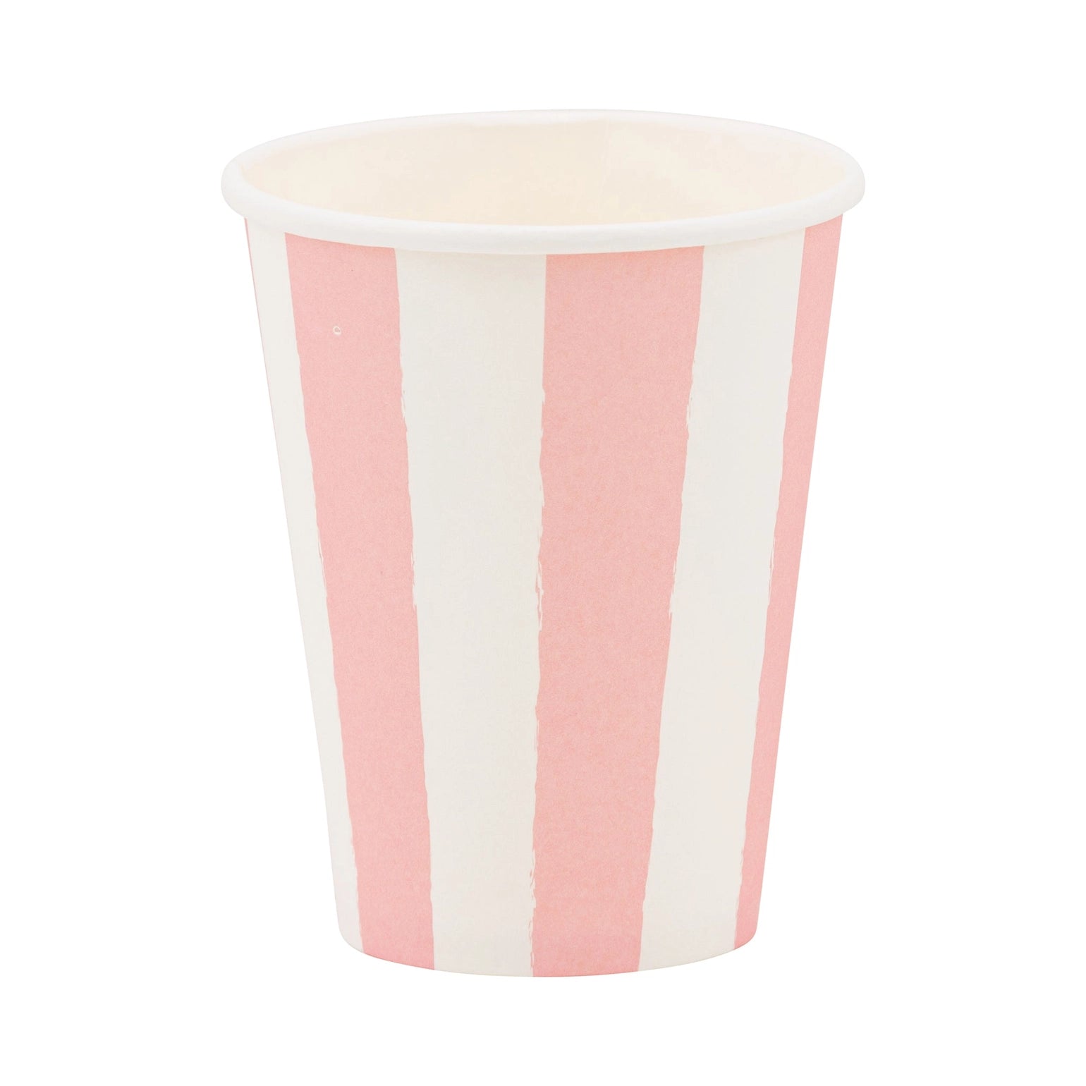 Paper cup with pink and white vertical stripes on a white background