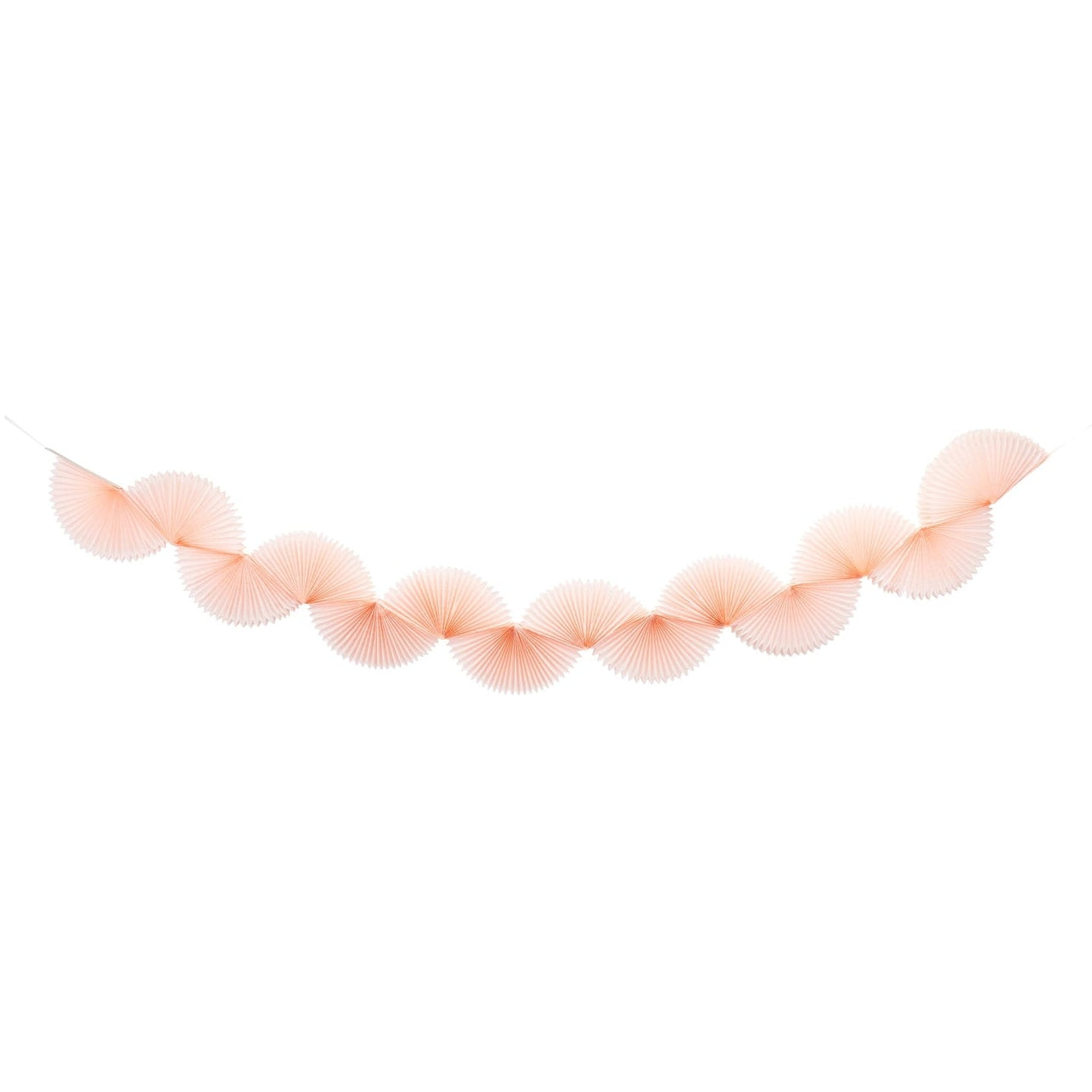A pink-colored paper fan garland banner suspended horizontally against a solid white background.
