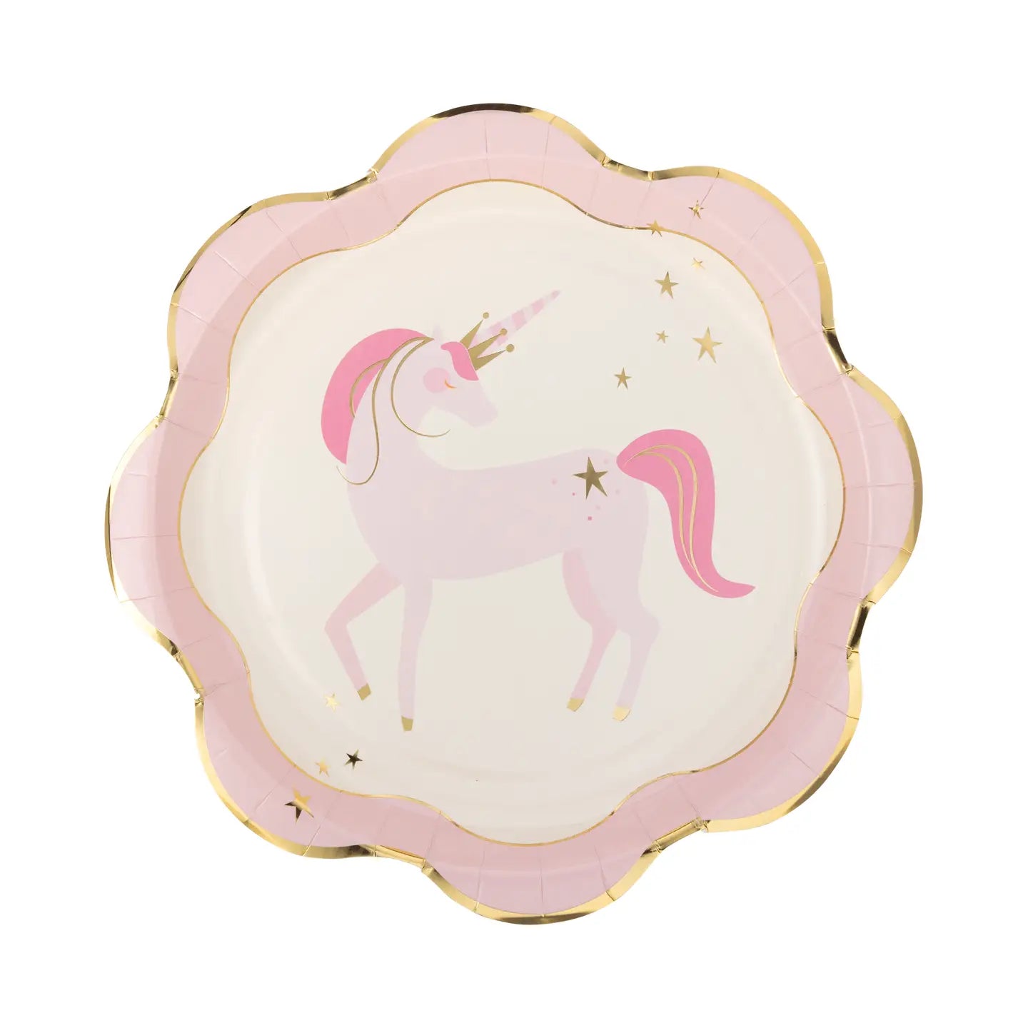 Unicorn-themed paper plate with pink border on a white background