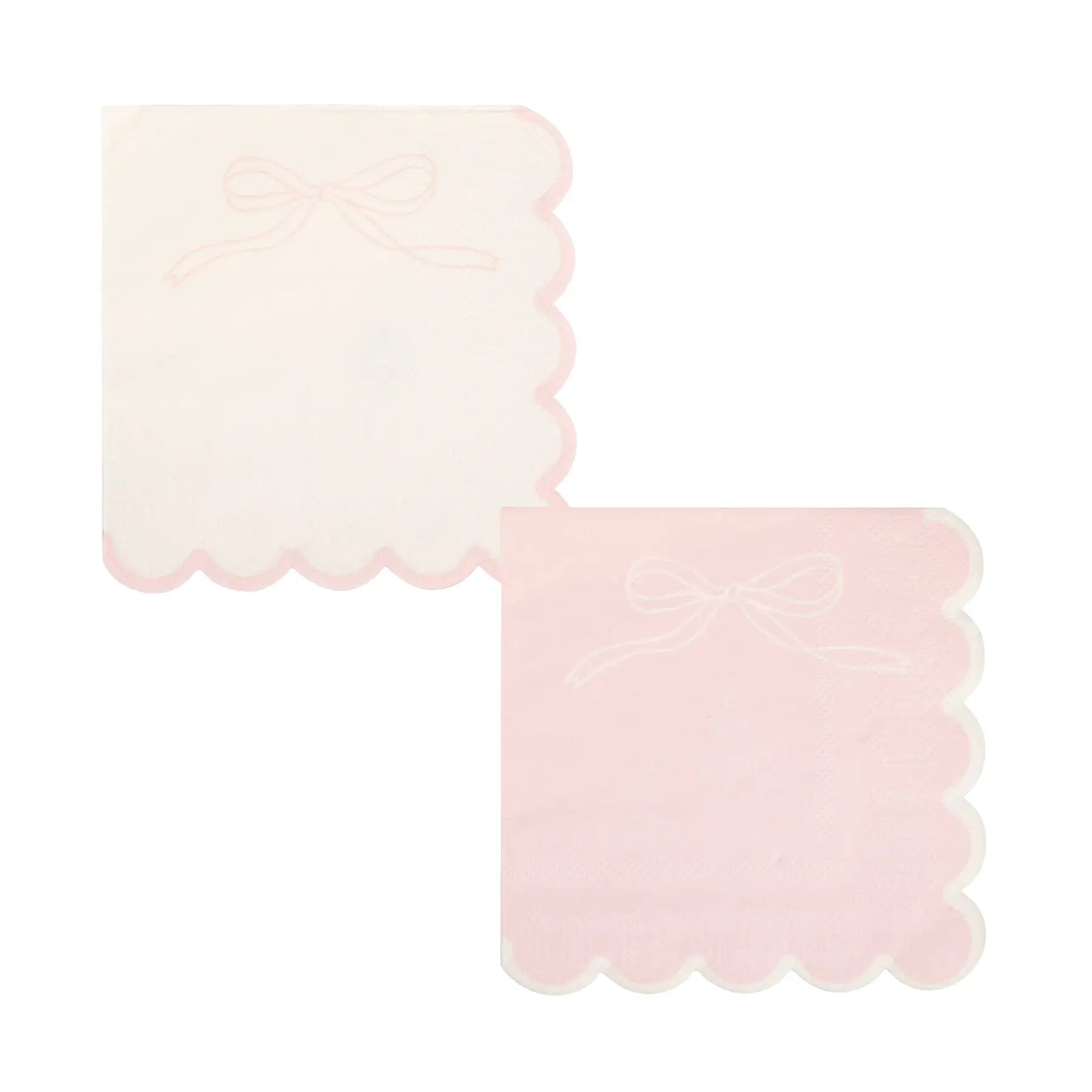 Two square paper napkins with scalloped edges, one in white with a light pink bow outline and one in pale pink with a white bow outline, shown on a white background.