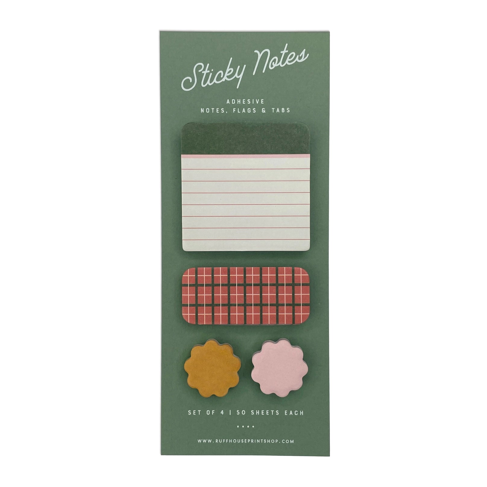 Packaging of plaid and colorful sticky notes with different designs on a white background