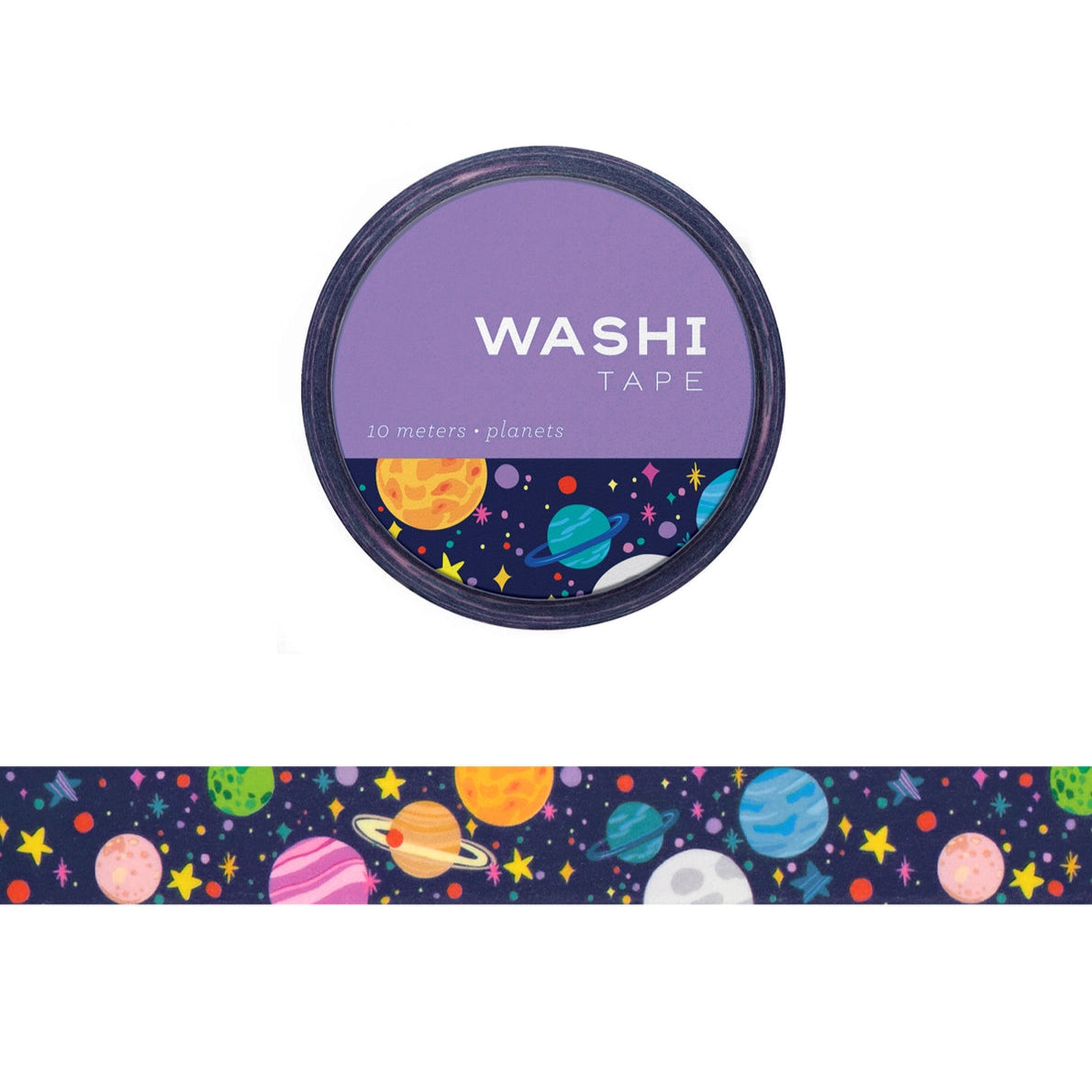 Roll of washi tape with a space theme, featuring illustrations of planets and stars on a purple background.