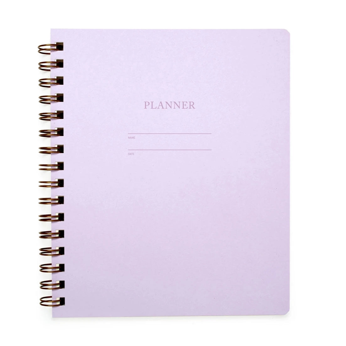 A closed planner in lilac color with a letterpressed cover, titled 'PLANNER' at the top, bound by a brass wire-o binding.