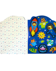 A sheet of colorful stickers with dogs and cats in space themed outfits