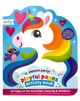 A colorful activity book cover featuring a unicorn and a bird with the title 'Unicorn Party Playful Pages Activity Book'.