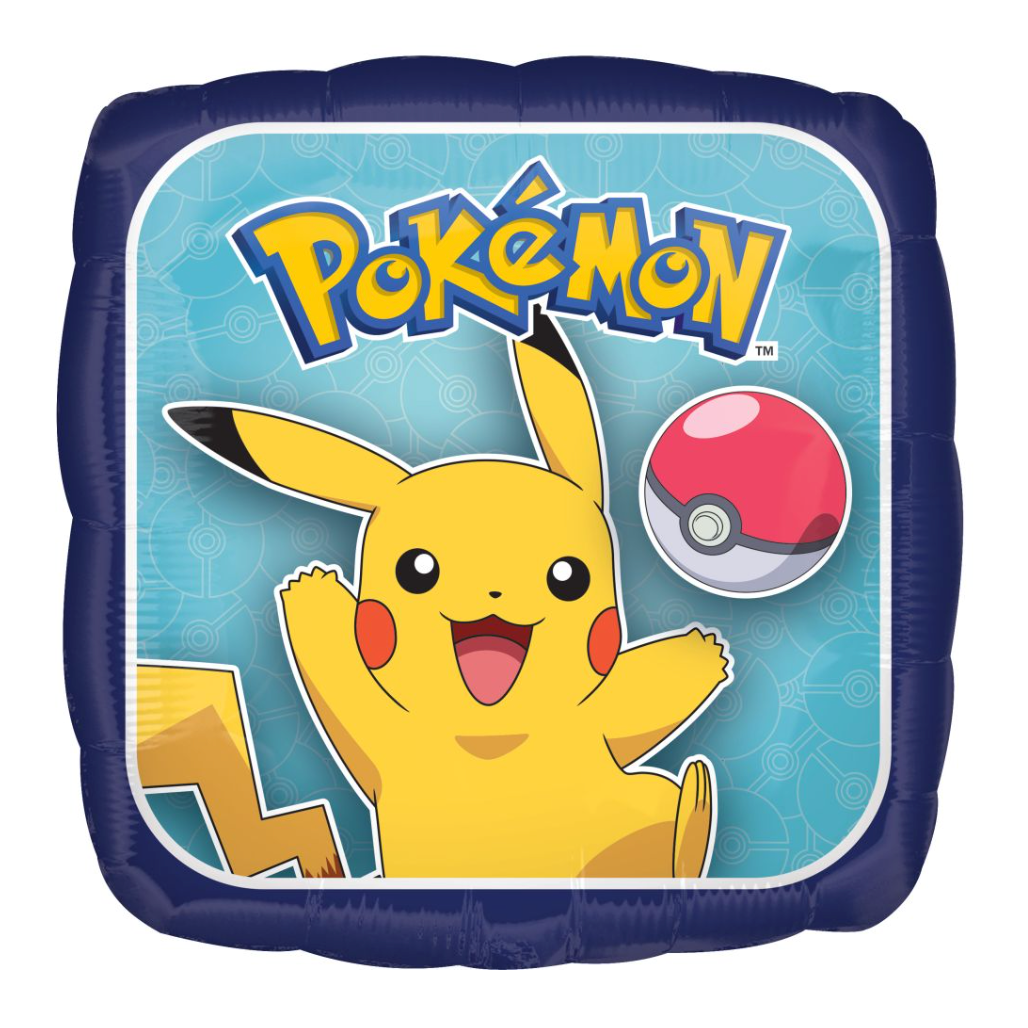 Balloon with Pikachu and Poké Ball design featuring the Pokémon logo on a blue background.