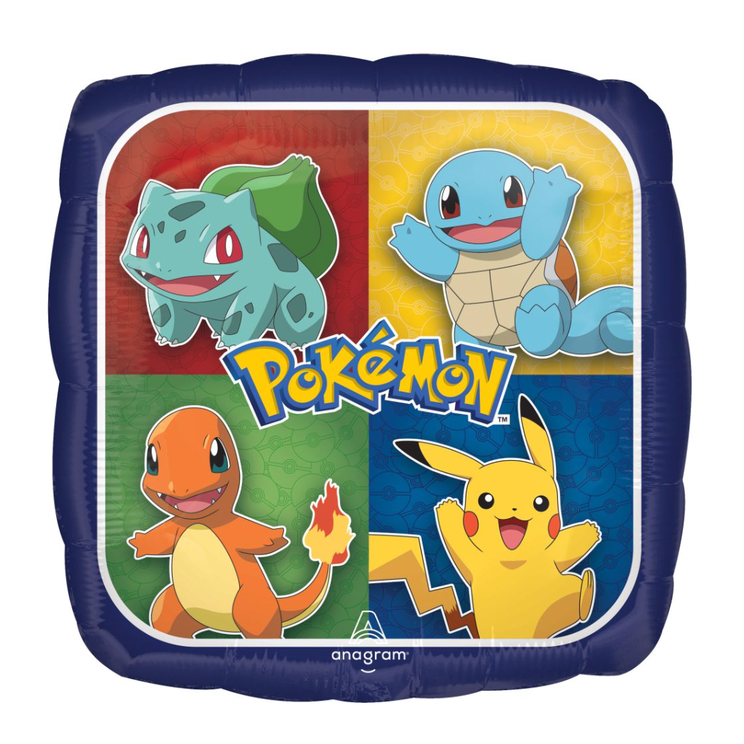 Pokémon-themed balloon with four characters on a white background