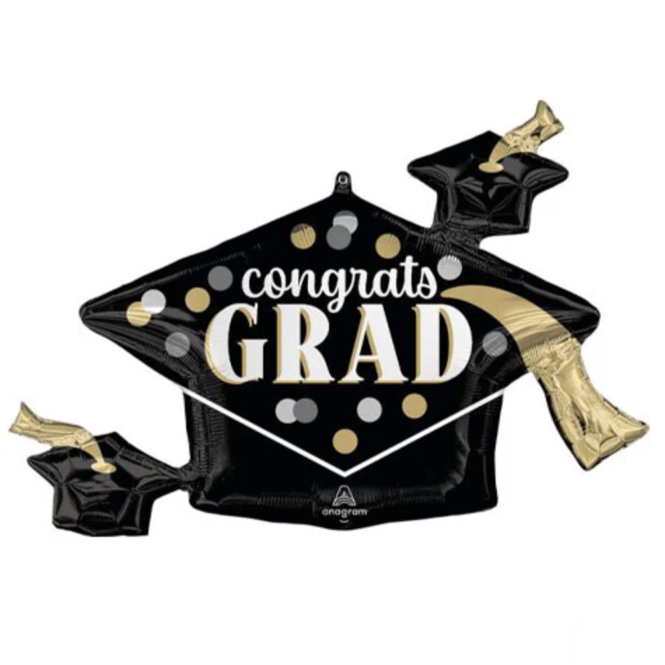 grad cap shaped balloon with text "congrats grad" and polka dots on white background