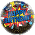 A round balloon with a 'Happy Birthday' message in comic book style fonts, with colorful pop art design including stars
