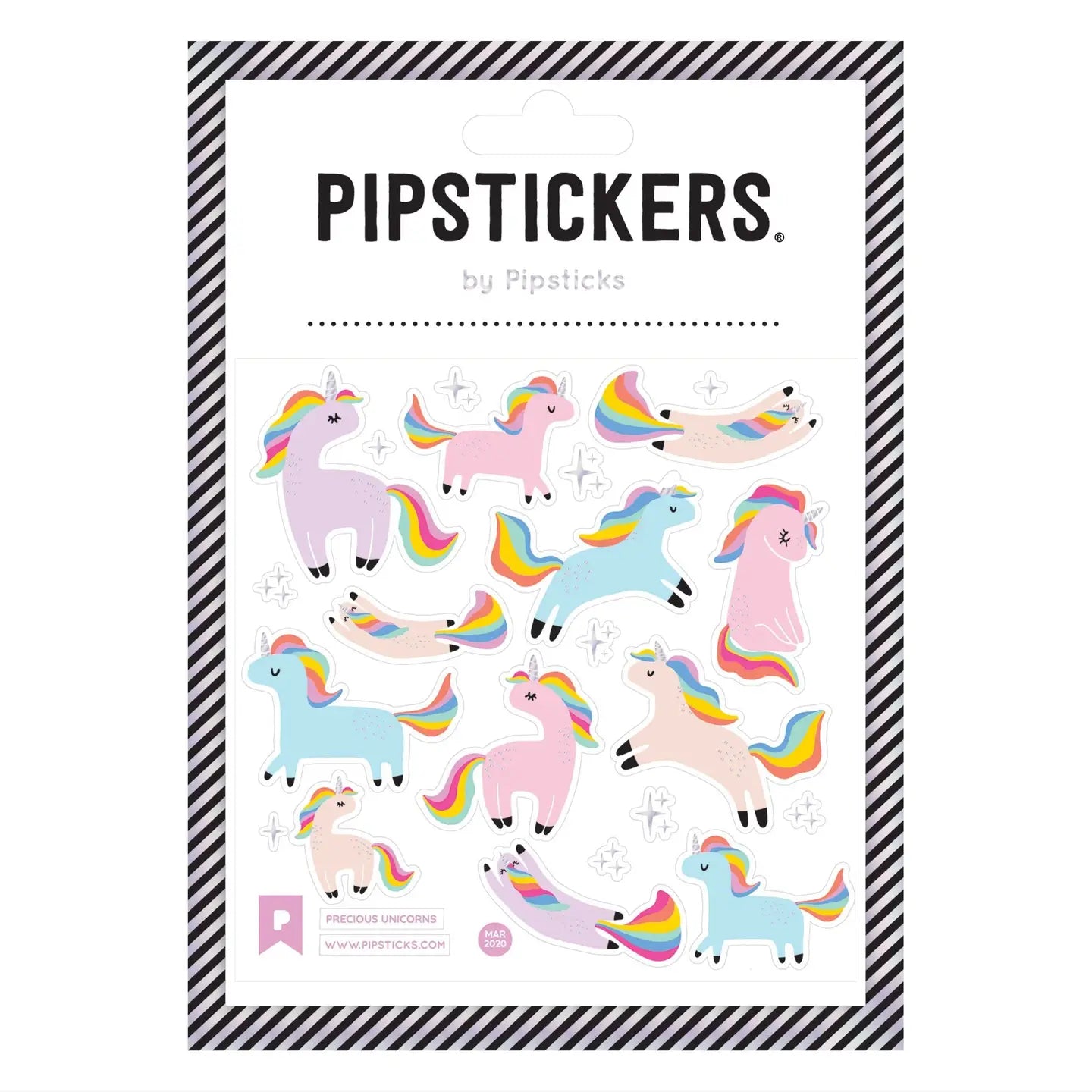 Pipsticks by Pipsticks sticker sheet featuring cute pastel-colored cartoon unicorns in pink, blue, purple, and rainbow colors, presented in its retail packaging with a black and white striped border.