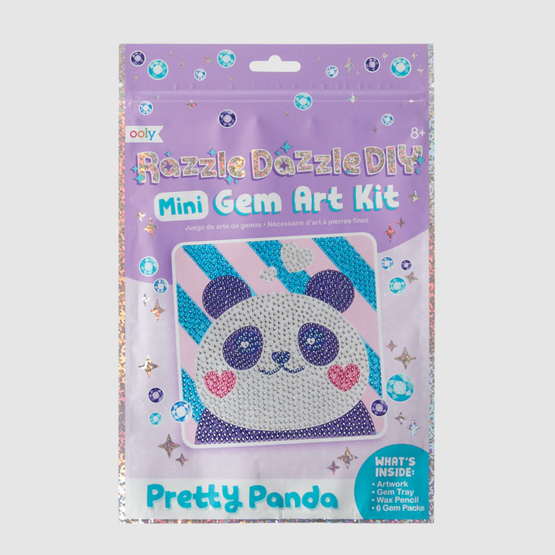 Packaging of Pretty Panda DIY Gem Art Kit with a visual of a panda face made of gems, gem trays, and wax pencil included.