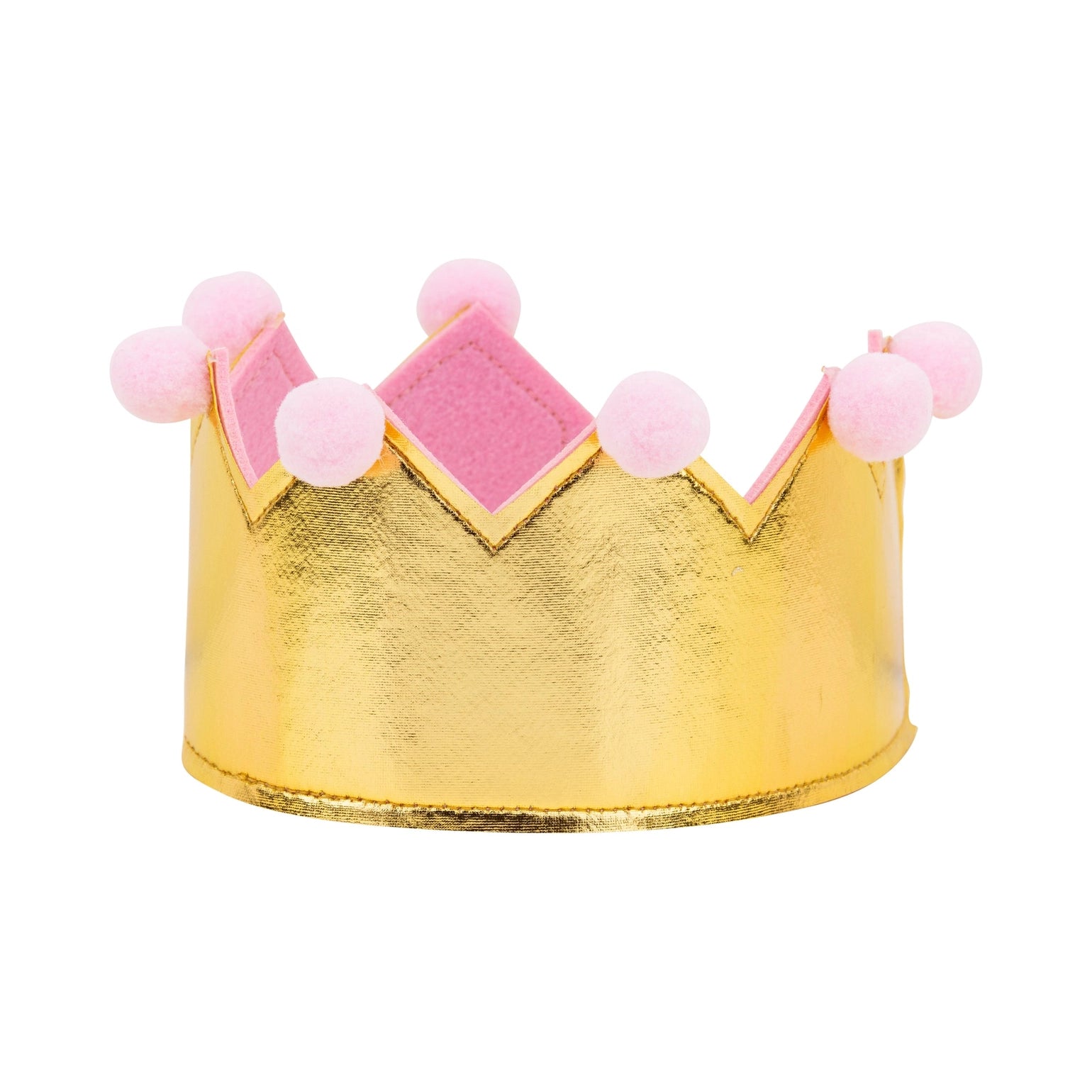 Gold crown with pink lining and pink pom-poms on a white background