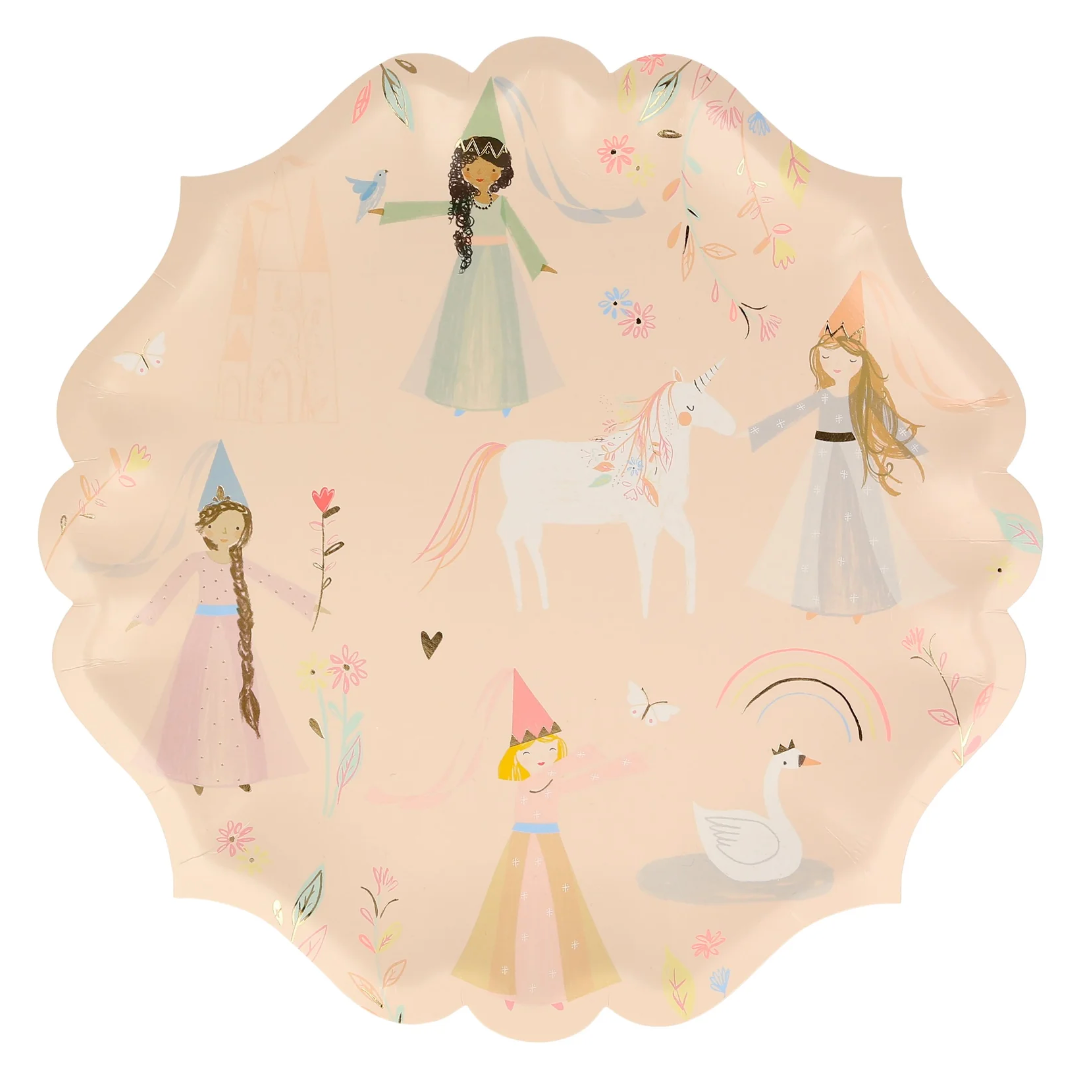 A pink plate with pastel color princess, flowers, unicorn and swan