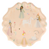 A pink plate with pastel color princess, flowers, unicorn and swan