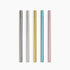 Set of five metal straws in different colors on a white background