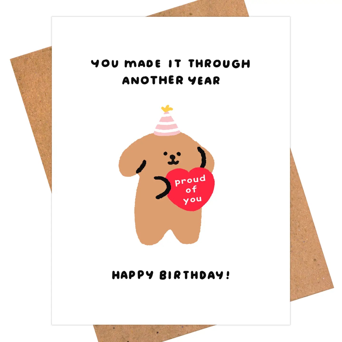 Birthday card with a cartoon dog holding a heart and text on a white background