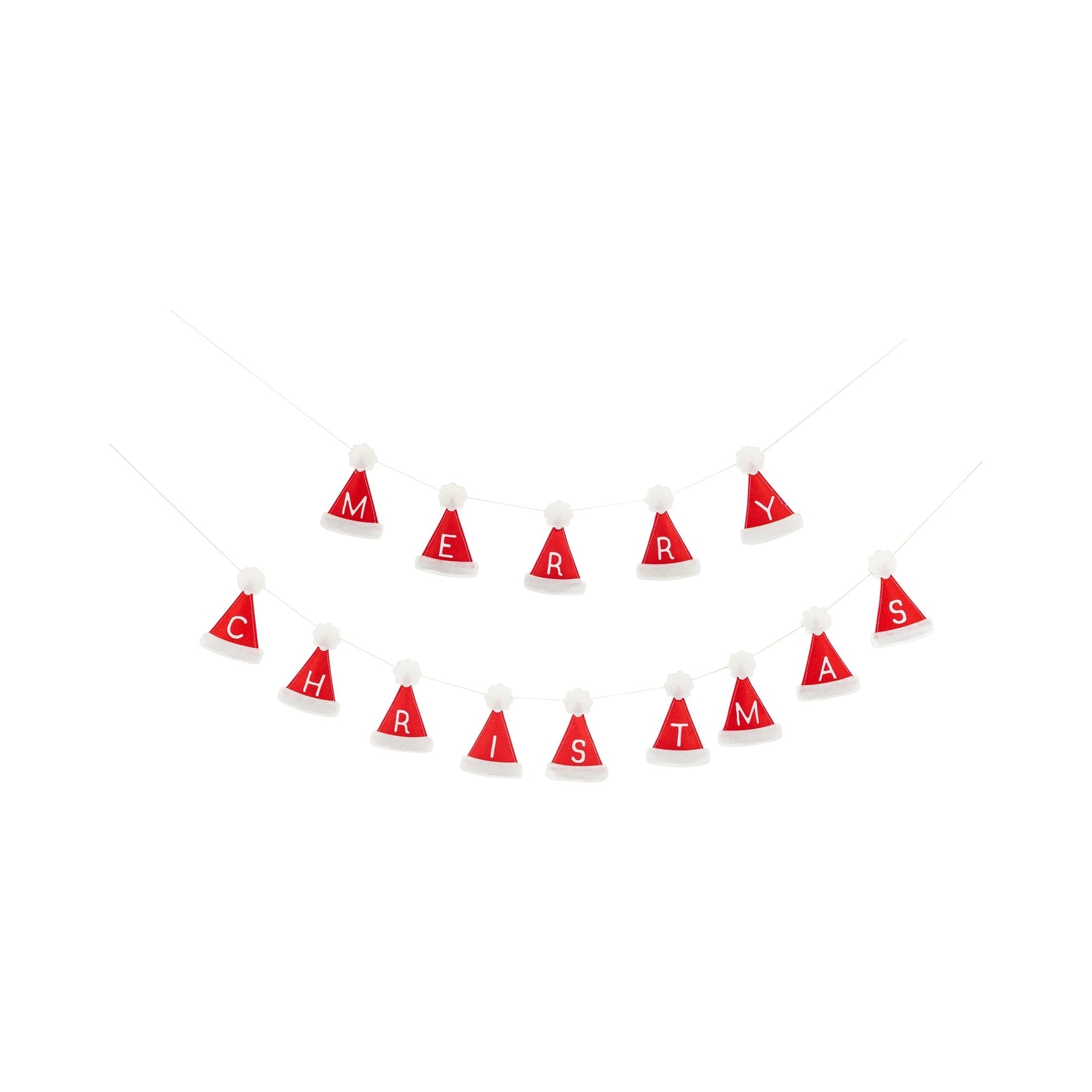 Red triangle-shaped Christmas Santa hat banner spelling 'Merry Christmas' on a white background