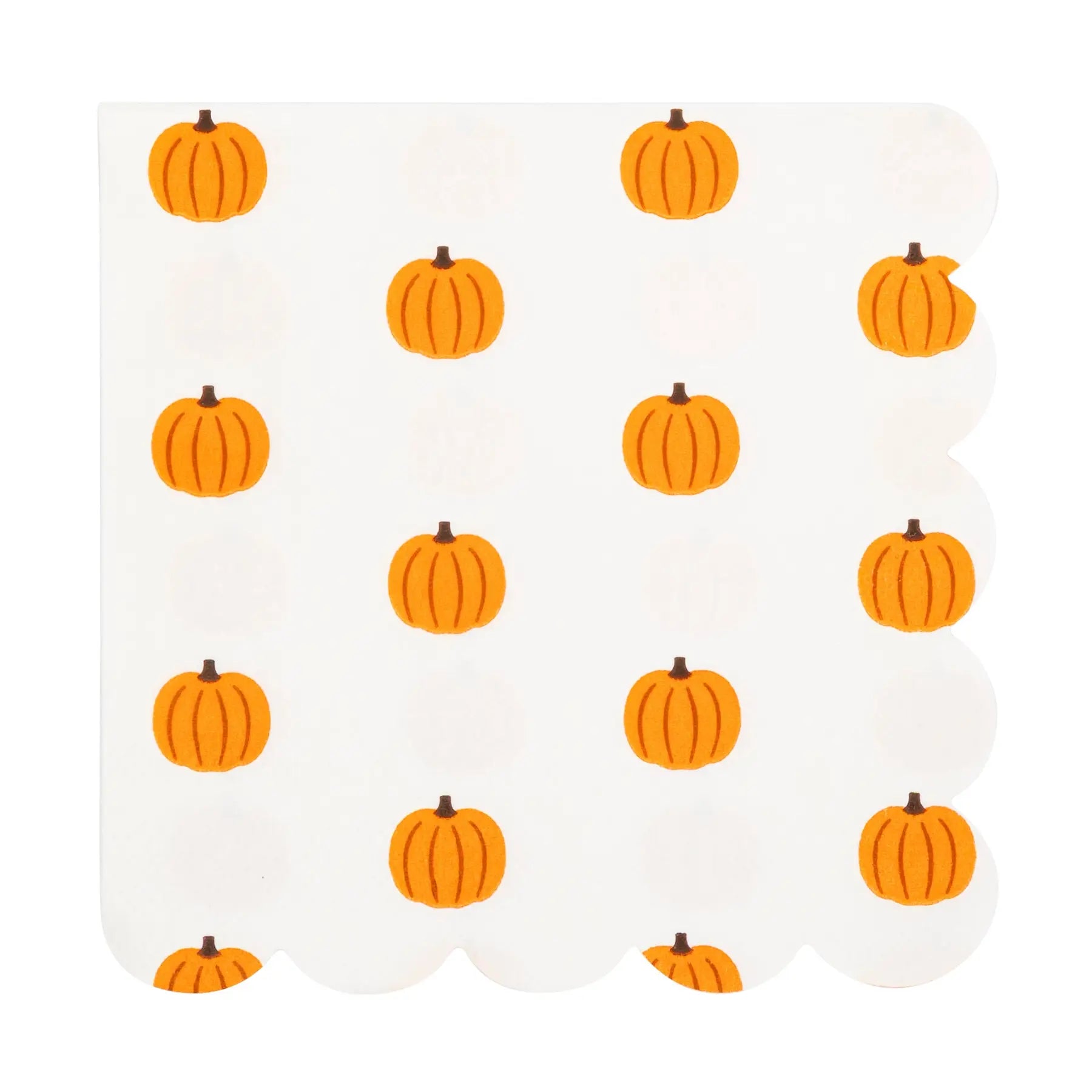 A square white paper napkin with scalloped edges, printed with a repeating pattern of orange pumpkins with dark brown stems.