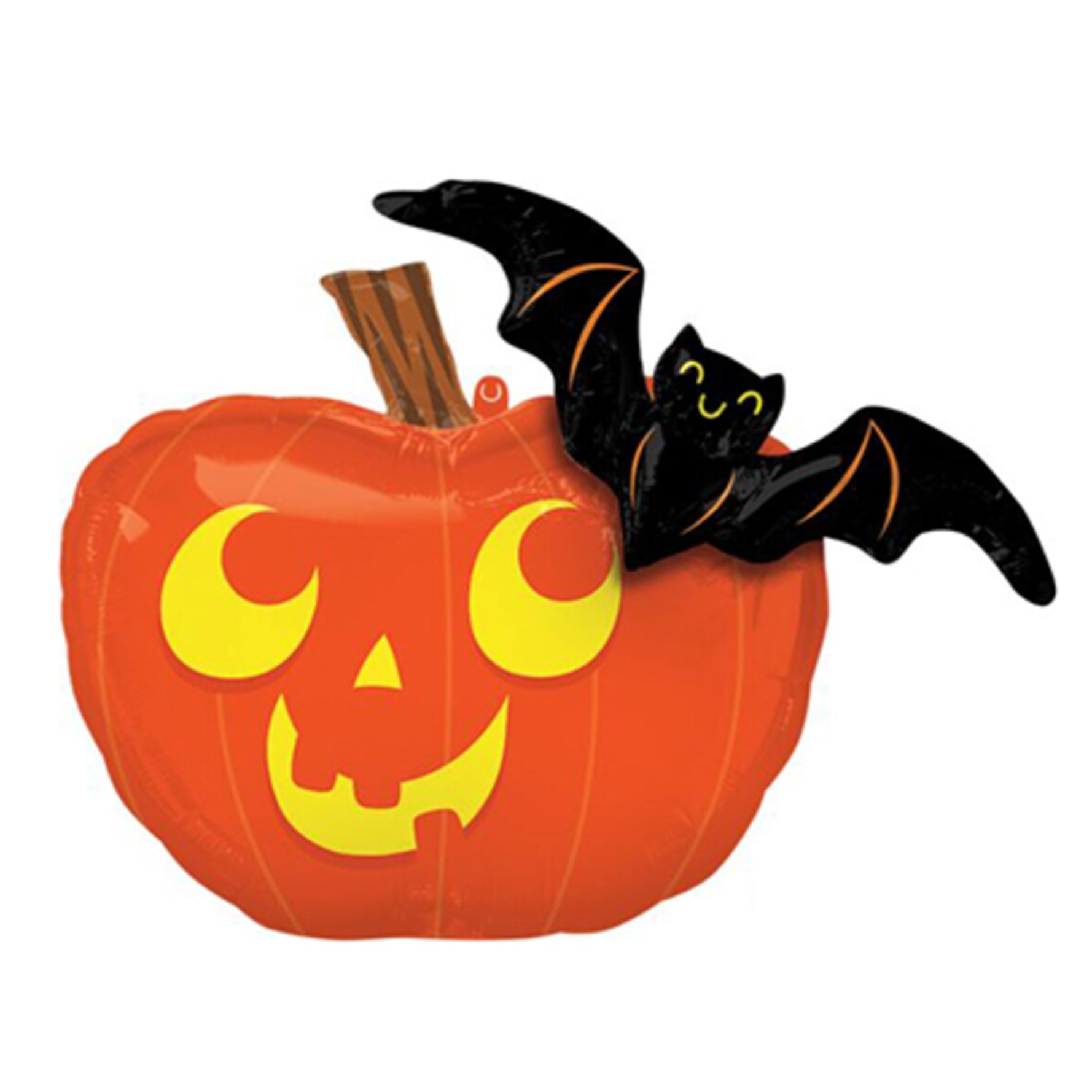 Halloween-themed balloon with a pumpkin and black bat design on a white background
