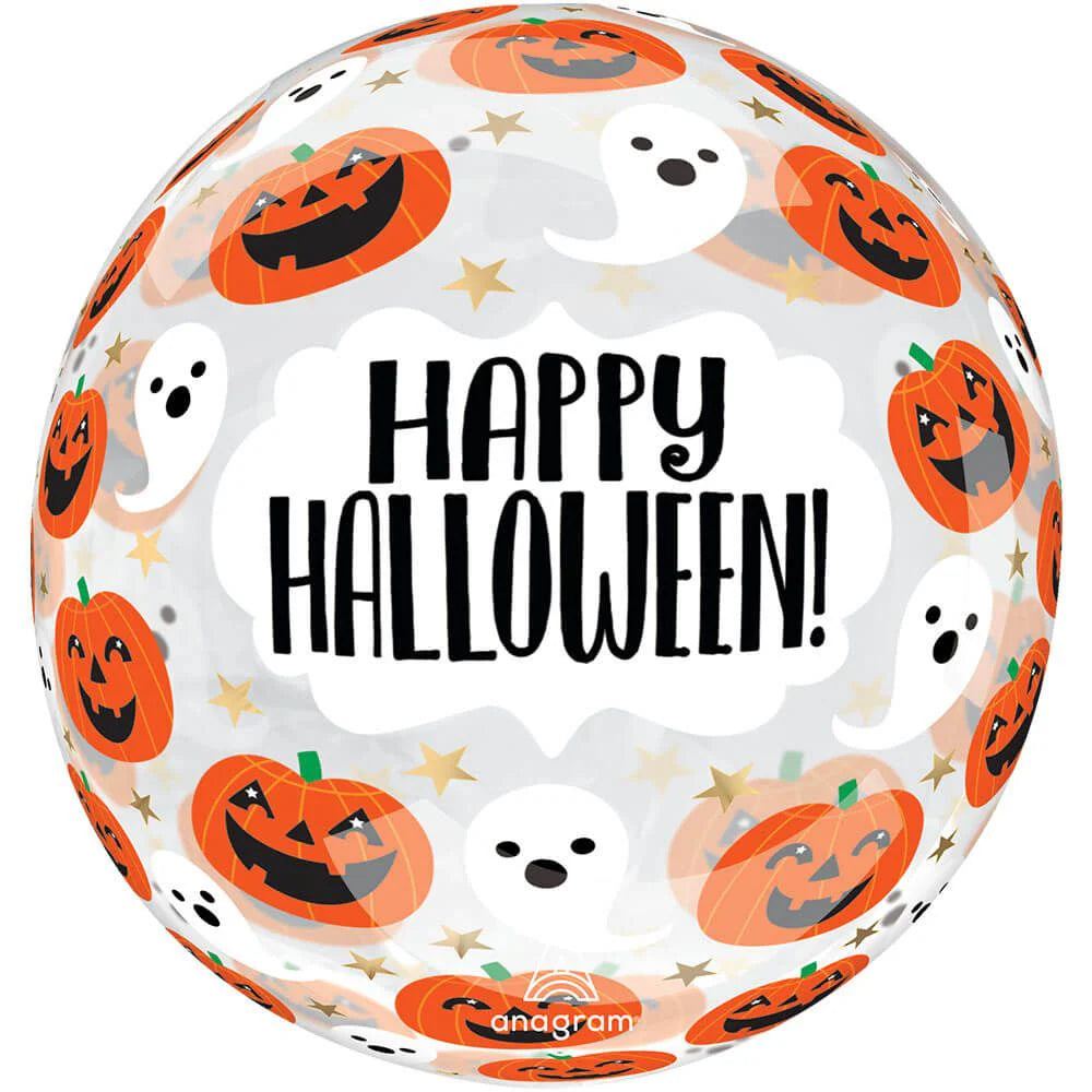 An 18-inch clear balloon with a 'Happy Halloween' message, decorated with orange pumpkins and black ghosts.