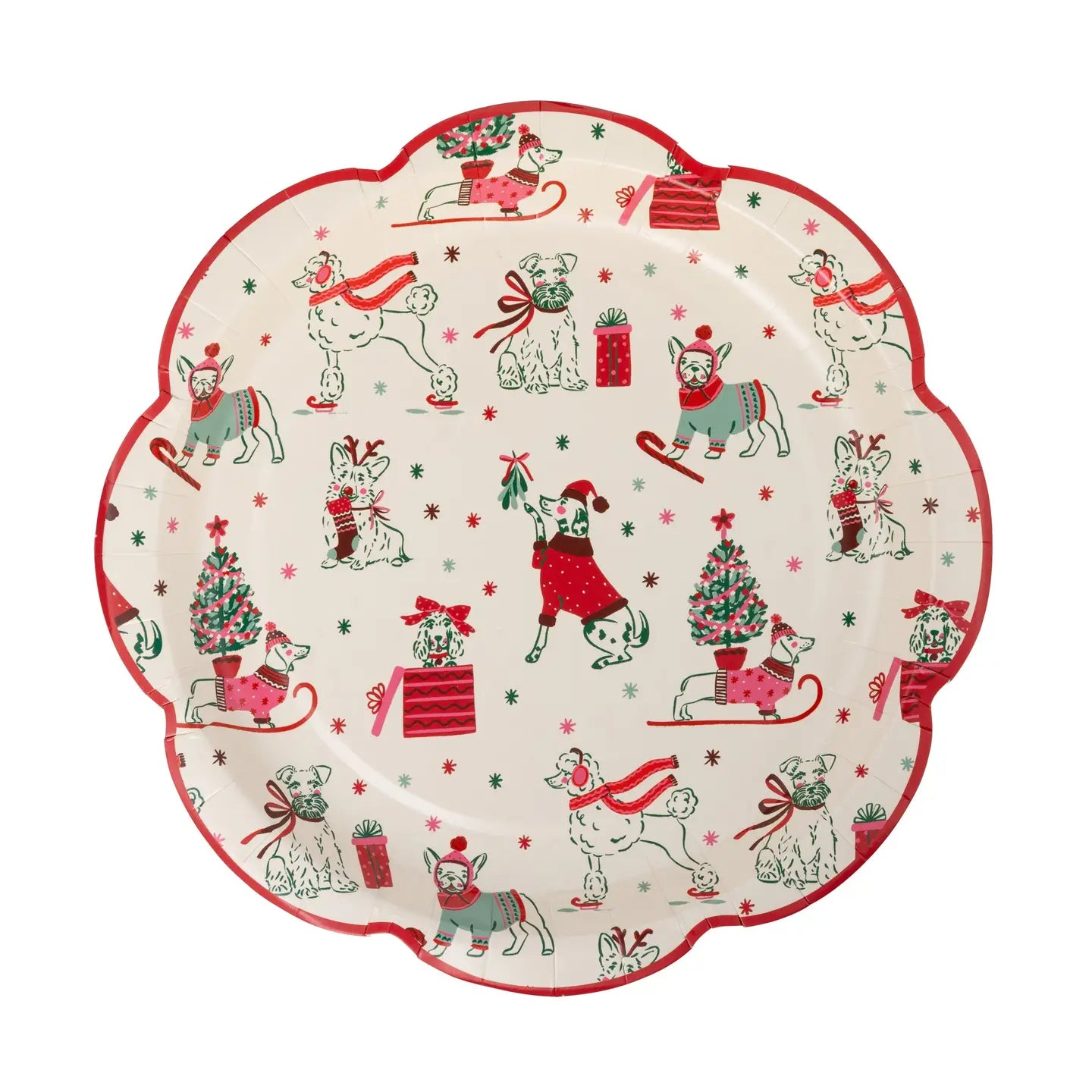 Decorative plate with Christmas-themed illustrations of dogs and festive elements on a white background.