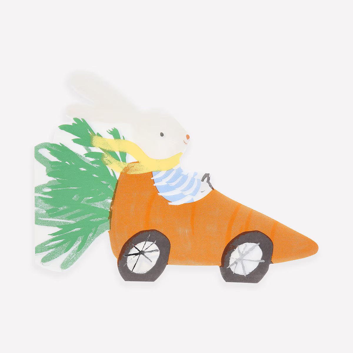 Napkin in the shape of a bunny in a carrot shaped race car