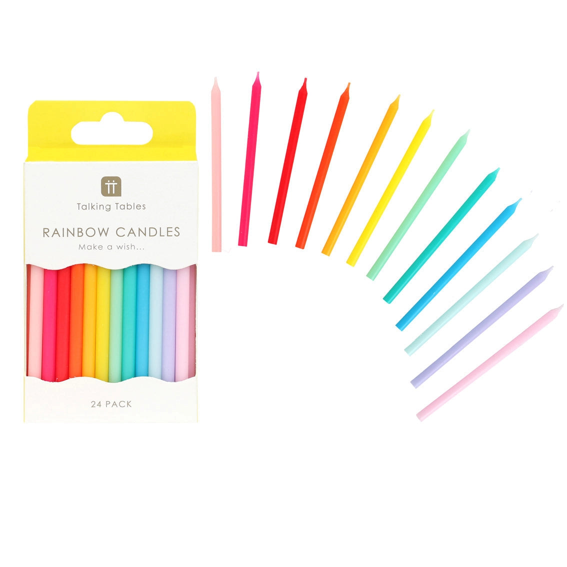 Pack of rainbow candles with a colorful packaging on a white background