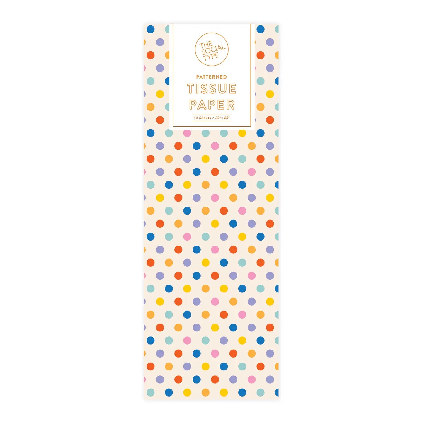 Pack of patterned tissue paper with colorful polka dots on a white background