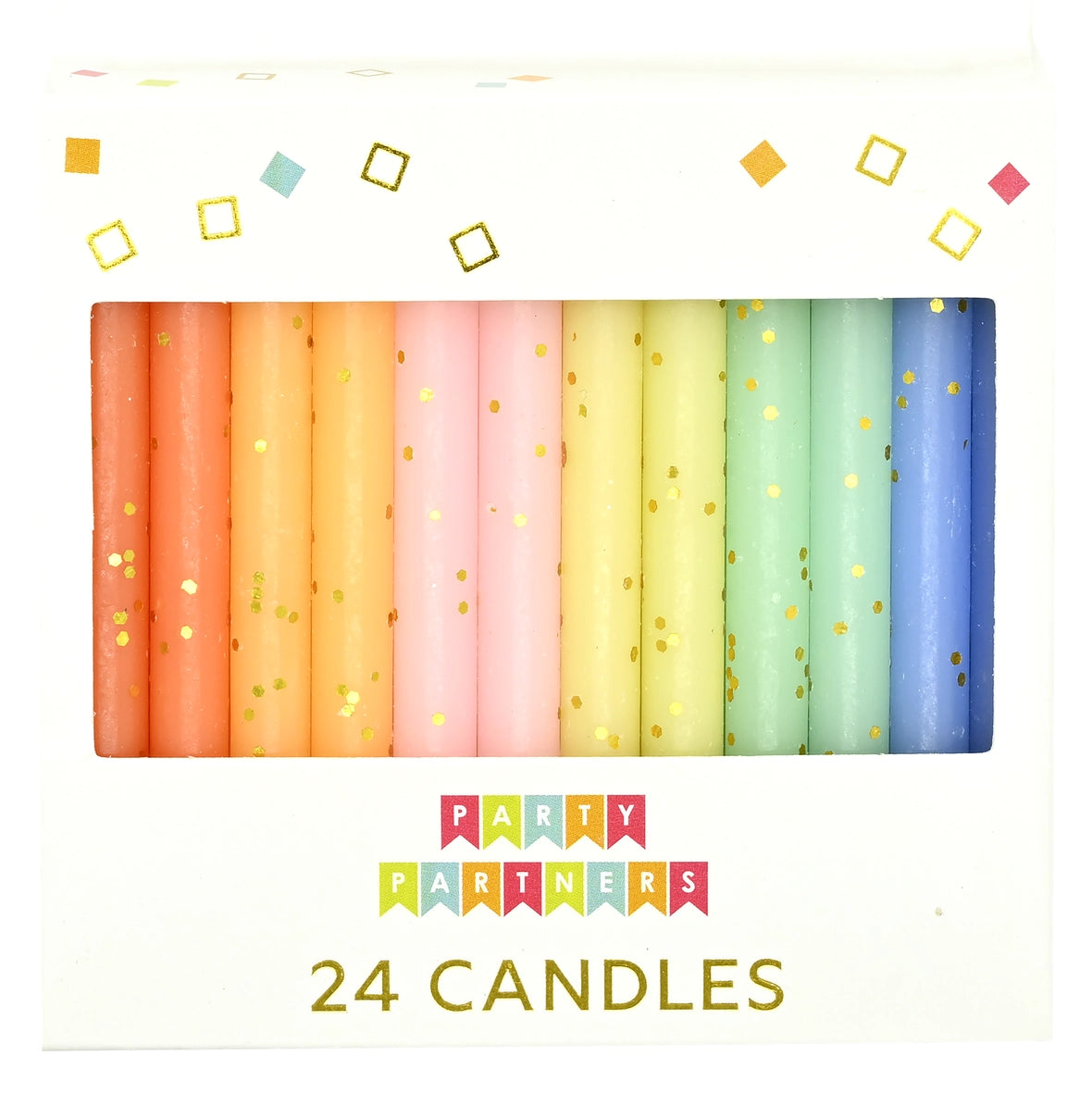 Set of 24 colorful candles with gold glitter on a white background